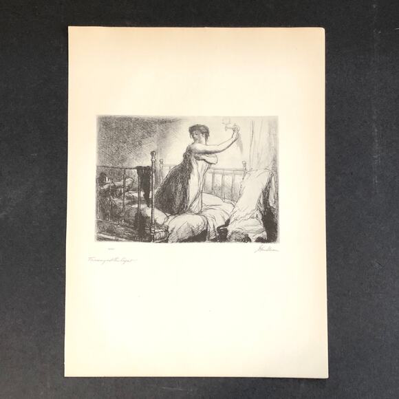 John Sloan "Turning Out the Light" 1930s Art Print Sketch Vintage Bed Woman Man - Picture 1 of 10